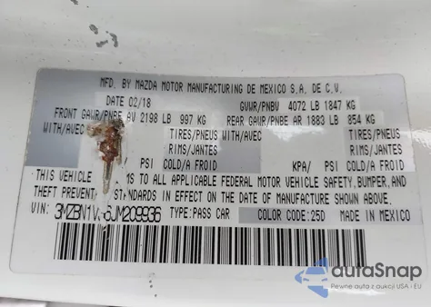 2018 Mazda Mazda3 Touring из США, поврежденный, VIN 3MZBN1V36JM209936